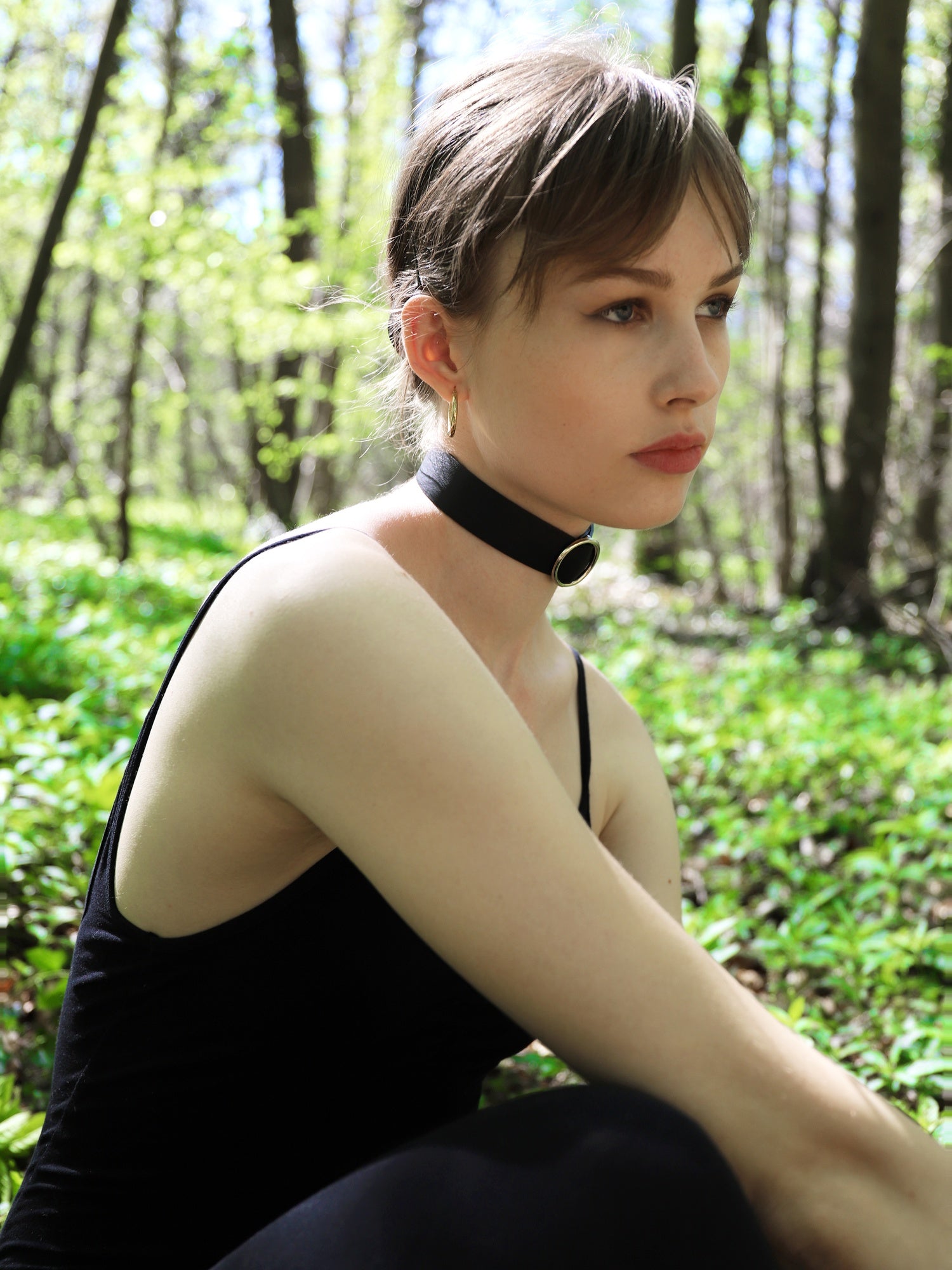 Gala in the woods wearing the Dora vegan choker by Baby turns Blue Paris