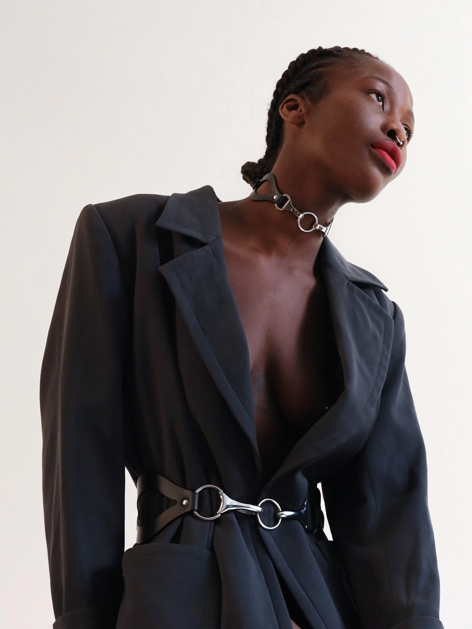 Zita wearing the shiny vegan Eye choker and belt by Baby turns Blue Paris